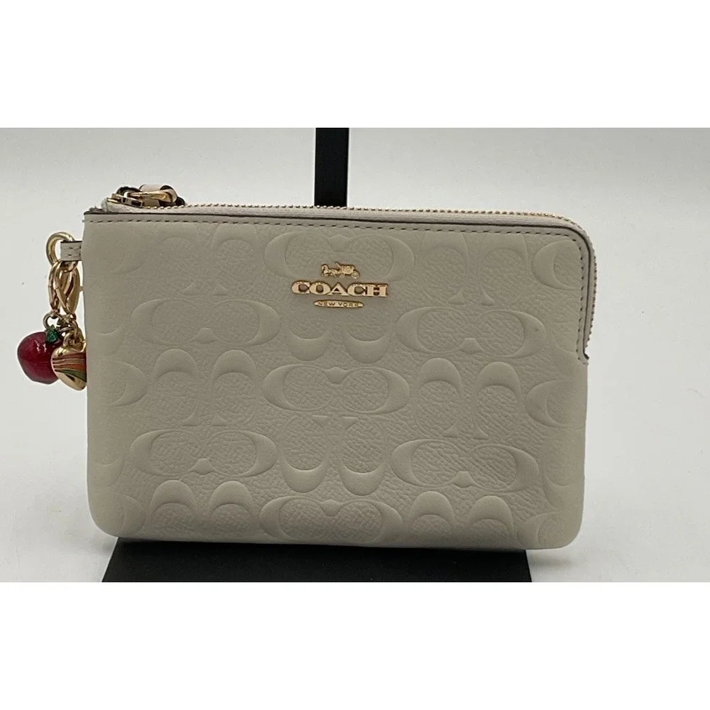 Coach Embossed Corner Zip Wristlet In Chalk With (2) Charms (see Description)